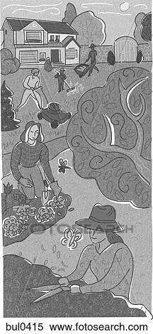 Stock Illustration - A family gardening in their back yard. Fotosearch