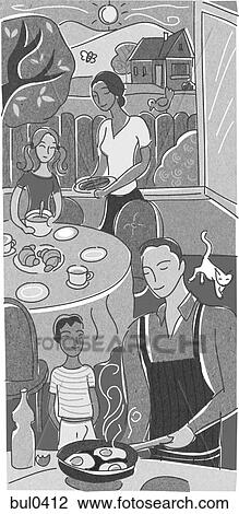 A family having brunch on their patio View Large Illustration Drawing - A family having brunch on their patio. Fotosearch