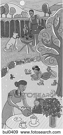 Stock Illustration - A family having tea and a BBQ in their backyard. Fotosearch