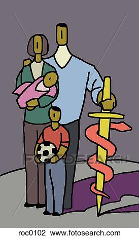A family holding a caduceus for protection View Large Illustration Drawing - A family holding a caduceus for protection. Fotosearch