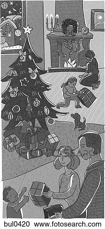 Clipart - A family opening presents on Christmas Day. Fotosearch