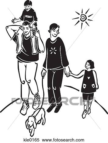 Stock Illustration - A family walking their dog. Fotosearch