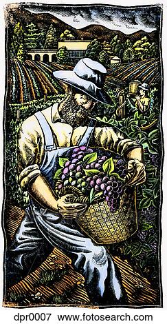 Stock Illustration - A farmer carrying a basket of grapes. Fotosearch