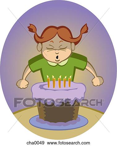 Stock Illustration - A girl blowing out a birthday cake. Fotosearch