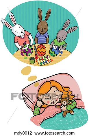 Drawing - A girl dreaming about Easter rabbits. Fotosearch