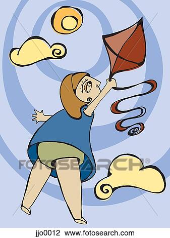 Drawing - A girl flying a kite in the sky. Fotosearch