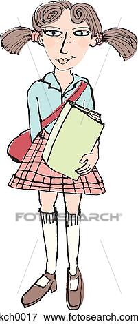 Stock Illustration - A girl holding a book and a school bag. Fotosearch