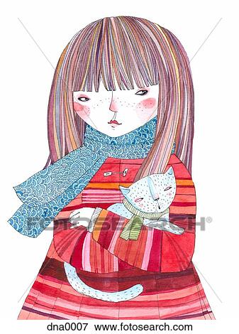 Stock Illustration - A girl holding a cat. Fotosearch