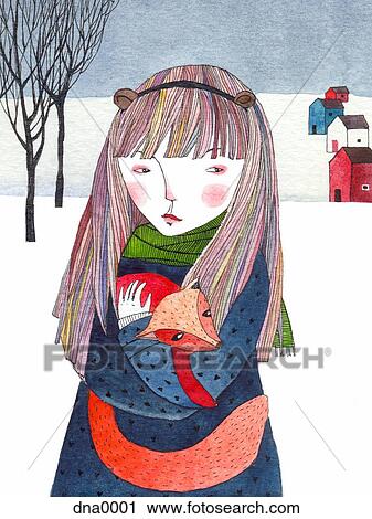 Clip Art - A girl holding a fox in a snowy landscape. Fotosearch