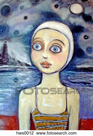 Drawing - A girl in a swimsuit and cap on the beach at night time. Fotosearch