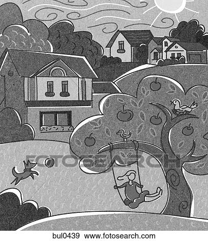 A girl on a tree swing, a dog playing with a ball and a neighborhood of houses View Large Illustration Stock Illustration - A girl on a tree swing, a dog playing with a ball and a neighborhood of houses. Fotosearch