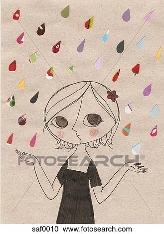 Clipart - A girl putting her hands out to catch rainbow colored rain drops. Fotosearch