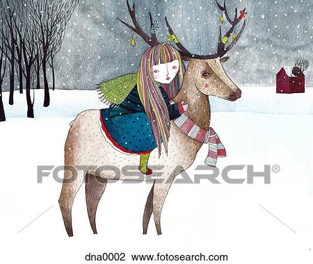 Drawing - A girl riding an elk with ornaments on its antlers in the snow scene. Fotosearch