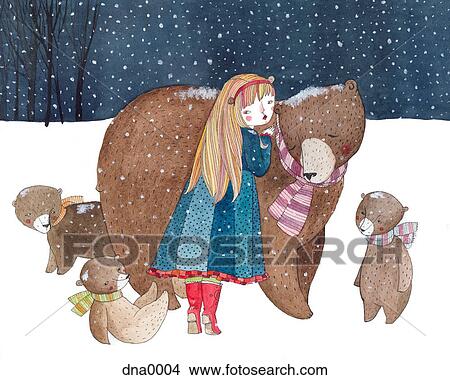 Stock Illustration - A girl with a family of bears in the snow. Fotosearch