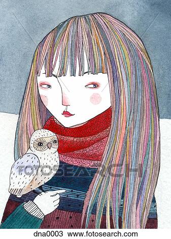 A girl with a small owl sitting on her hand View Large Illustration Drawing - A girl with a small owl sitting on her hand. Fotosearch