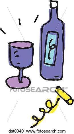 Clipart - A glass, wine bottle and corkscrew. Fotosearch