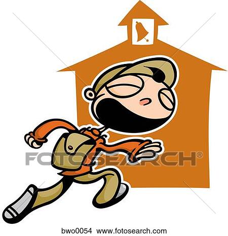Stock Illustration - A happy boy running back to school. Fotosearch