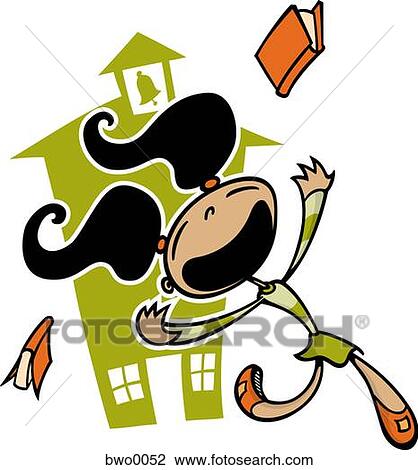 Drawing - A happy girl throwing her books away and school in the background. Fotosearch