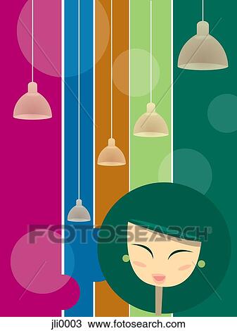 A happy woman with over hanging lights View Large Illustration Drawing - A happy woman with over hanging lights. Fotosearch
