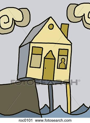 Clip Art - A house on the edge of a cliff being held up on a stilt over the water. Fotosearch