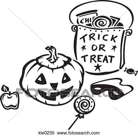 A jack olantern, trick or treat candy and a mask View Large Illustration Stock Illustration - A jack olantern, trick or treat candy and a mask. Fotosearch