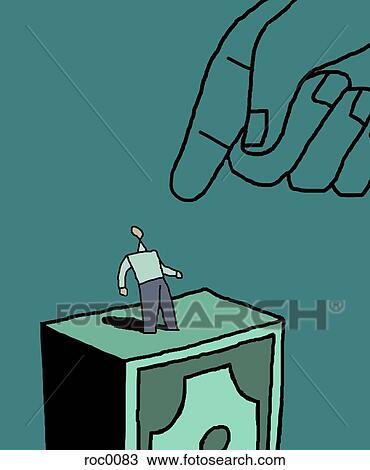 A large hand accusing a man standing on a stack of money View Large Illustration Drawing - A large hand accusing a man standing on a stack of money. Fotosearch