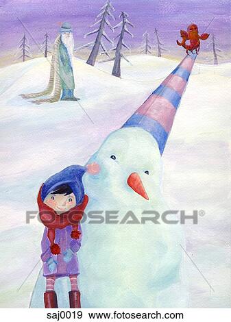 A little boy and a snowman and an old man in the background View Large Illustration Stock Illustration - A little boy and a snowman and an old man in the background. Fotosearch