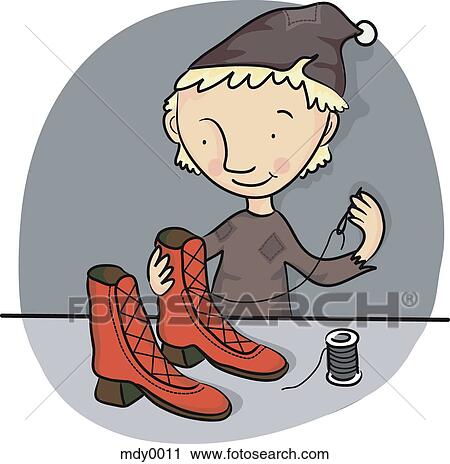 Clip Art - A little boy mending his shoes. Fotosearch
