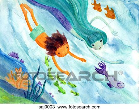 Drawing - A little boy swimming with a mermaid. Fotosearch
