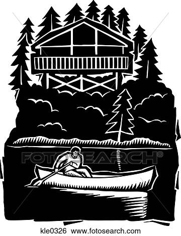 Stock Illustration - A man canoeing with a house and forest in the background. Fotosearch