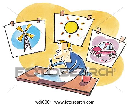 A man drawing plans on renewable energy View Large Illustration Clip Art - A man drawing plans on renewable energy. Fotosearch