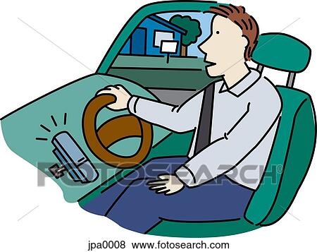 Stock Illustration - A man driving by a house for sale and his cell phone ringing. Fotosearch