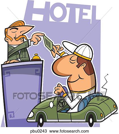 A man driving up to a hotel clerk and giving his credit card View Large Illustration Drawing - A man driving up to a hotel clerk and giving his credit card. Fotosearch
