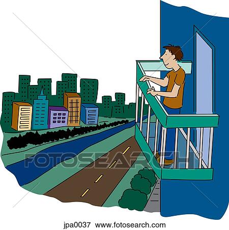 Stock Illustration - A man enjoying the view of the city from his balcony. Fotosearch