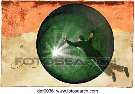 Stock Illustration - A man flying towards a light at the end of the tunnel. Fotosearch
