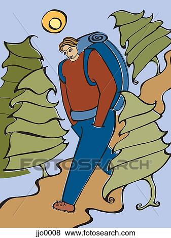 Stock Illustration - A man hiking on a forest path. Fotosearch