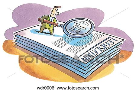 Stock Illustration - A man holding a magnifying glass up to the fine print on legal papers. Fotosearch