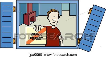A man holding a sign without a work permit looking out a broken window View Large Illustration Clipart - A man holding a sign without a work permit looking out a broken window. Fotosearch