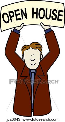 Drawing - A man holding up an Open House sign. Fotosearch