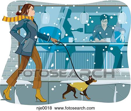 Stock Illustration - A man in a cafe watching a woman walk her dog outside. Fotosearch