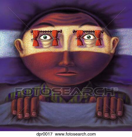 Stock Illustration - A man in bed with open curtains over his eyes. Fotosearch