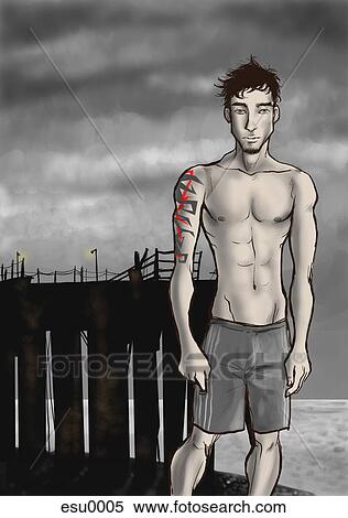 A man in swimming trunks on a beach on a cloudy day View Large Illustration Stock Illustration - A man in swimming trunks on a beach on a cloudy day. Fotosearch