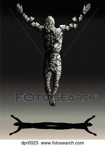 A man in the air and his body breaking into pieces over his shadow doubled View Large Illustration Drawing - A man in the air and his body breaking into pieces over his shadow doubled. Fotosearch