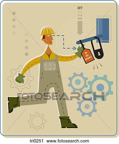 A man insuring safety with a machine lockout device View Large Illustration Clip Art - A man insuring safety with a machine lockout device. Fotosearch
