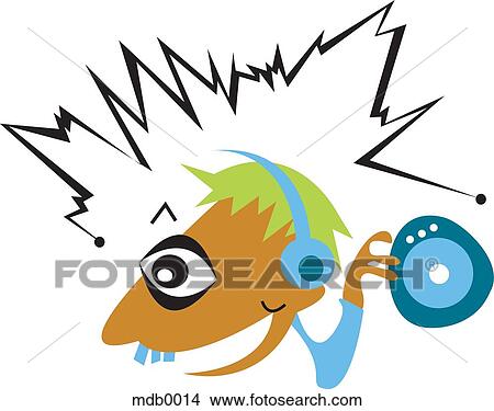 Stock Illustration - A man listening to music on a portable music device. Fotosearch