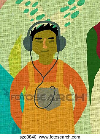A man listening to music on headphones View Large Illustration Clipart - A man listening to music on headphones. Fotosearch