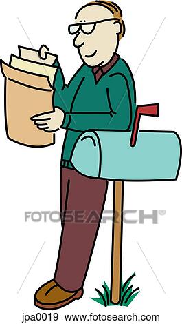 A man looking at his mail by a letter box View Large Illustration Stock Illustration - A man looking at his mail by a letter box. Fotosearch