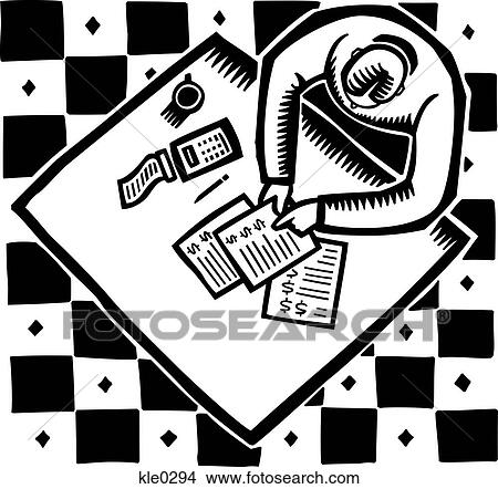 Stock Illustration - A man looking at papers with money symbols and using a calculator. Fotosearch