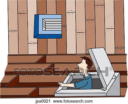 Clip Art - A man looking in an empty attic. Fotosearch