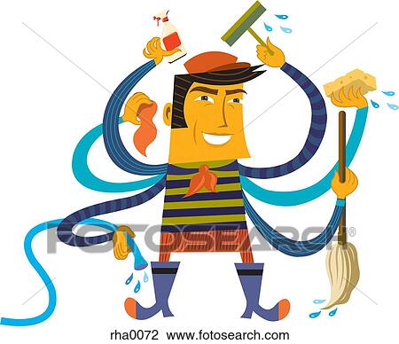 Drawing - A man multitasking and cleaning with many arms. Fotosearch